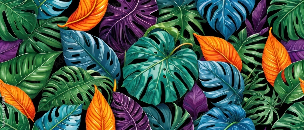 A vibrant pattern with colorful tropical leaves against a dark background. Perfect for nature-inspired designs, backgrounds, and wallpapers. A vibrant pattern with colorful tropical leaves against a dark background. Perfect for nature-inspired designs, backgrounds, and wallpapers.