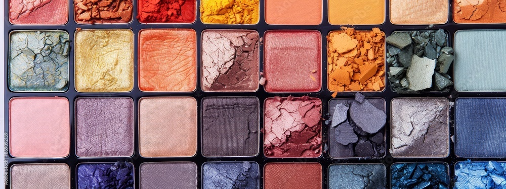 A tight shot of a makeup palette displaying diverse hues of blue, red, orange, yellow, and purple eyeshadows A tight shot of a makeup palette displaying diverse hues of blue, red, orange, yellow, and purple eyeshadows
