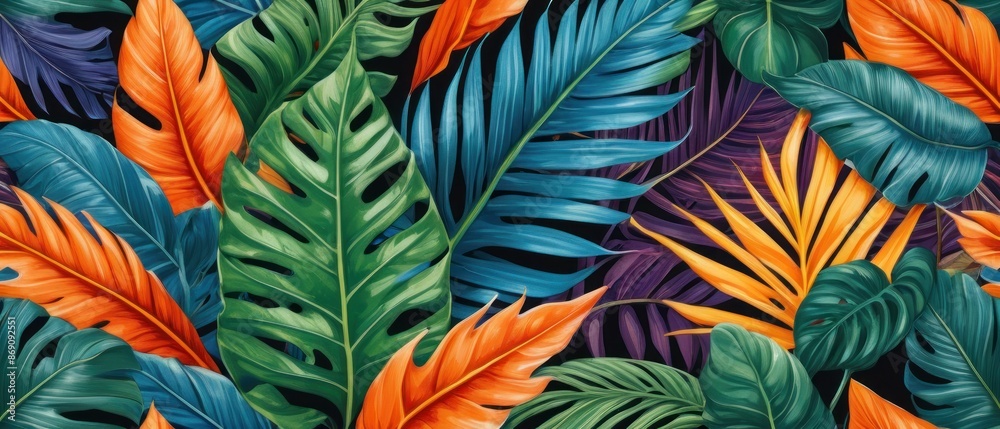 A vibrant pattern with colorful tropical leaves against a dark background. Perfect for nature-inspired designs, backgrounds, and wallpapers. A vibrant pattern with colorful tropical leaves against a dark background. Perfect for nature-inspired designs, backgrounds, and wallpapers.