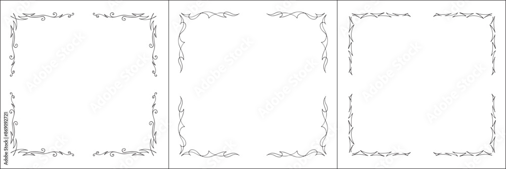 Set of three thin vector decorative frames. Black and white. Vector frame for all sizes and formats. Isolated vector illustration.
Set of three thin vector decorative frames. Black and white. Vector frame for all sizes and formats. Isolated vector illustration.