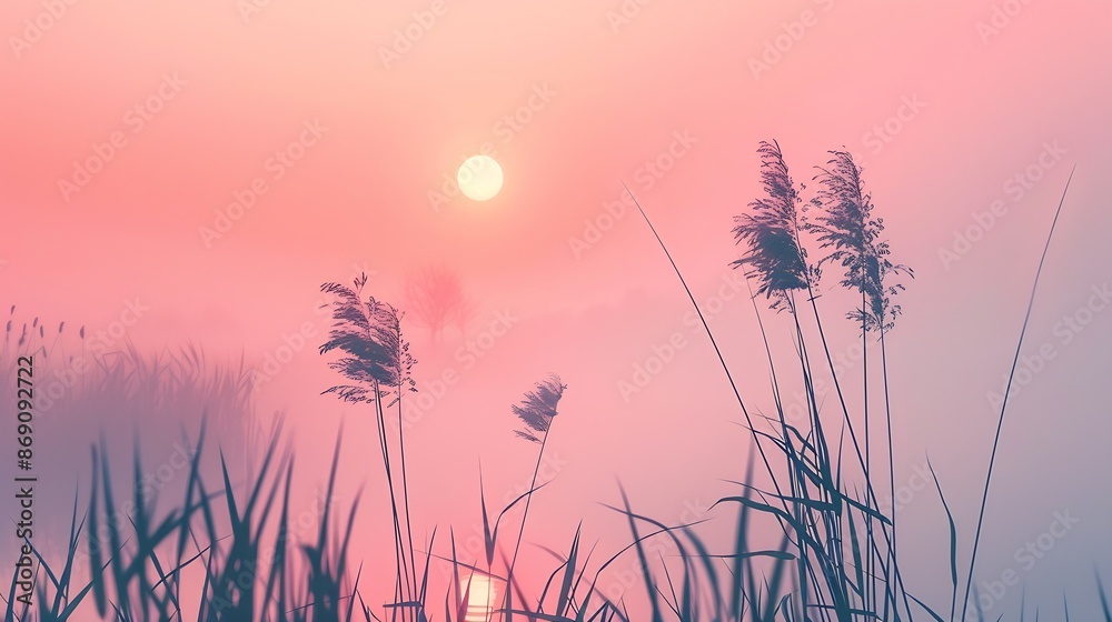 Sunrise over foggy lake Reeds in the foreground on the lake coast Sun is rising on the further river bank : Generative AI Sunrise over foggy lake Reeds in the foreground on the lake coast Sun is rising on the further river bank : Generative AI