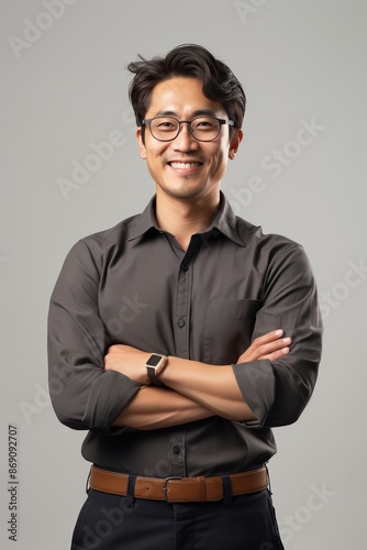 photo of a asian man,smart engineer ,crossed arms,look down,happy smile, studio light, professional photographer, white backdrop --chaos 0 --ar 2:3 --v 5.2 Job ID: e03f261f-b4c3-4b8d-a33e-fcef18c02002