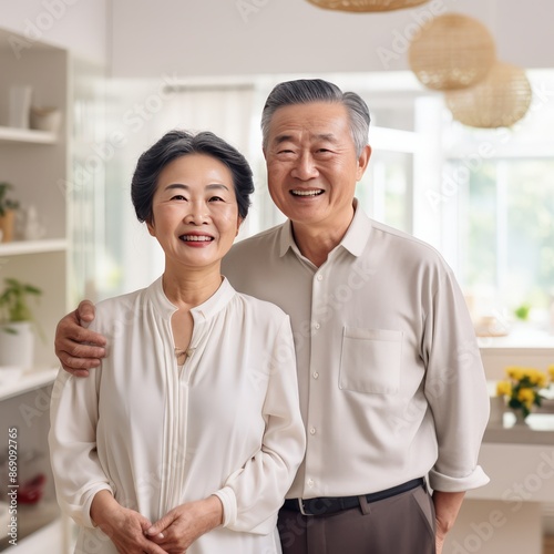 photo of chinese 60 years old couple, standing, smiling, light color, bright surroundings and soft light