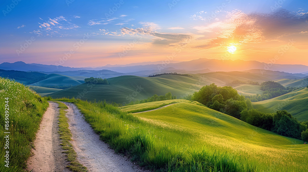 Fototapeta premium Peaceful Countryside Path at Sunrise AI Generated