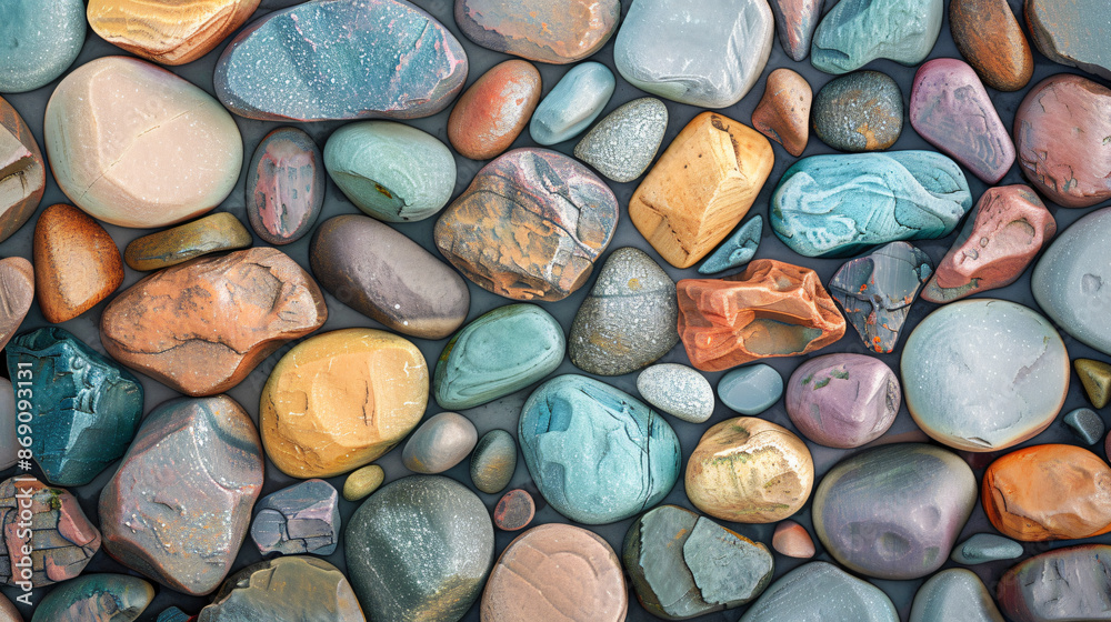 Colorful pebbles and rocks texture the background in a top view. The background features different colored pebble stones for design, print or wallpaper purposes. Colorful pebbles and rocks texture the background in a top view. The background features different colored pebble stones for design, print or wallpaper purposes.