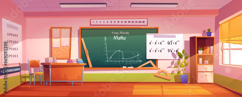 Math classroom interior with furniture and equipment. Vector cartoon illustration of large school, college or university room with formulae on blackboard, geometry figures on desk, sunlight in window