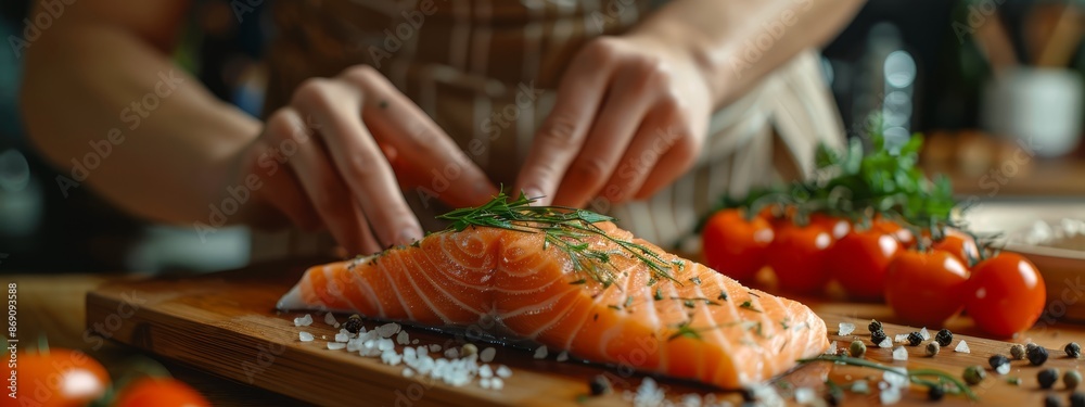 Obraz premium person slices salmon on a cutting board, tomatoes nearby