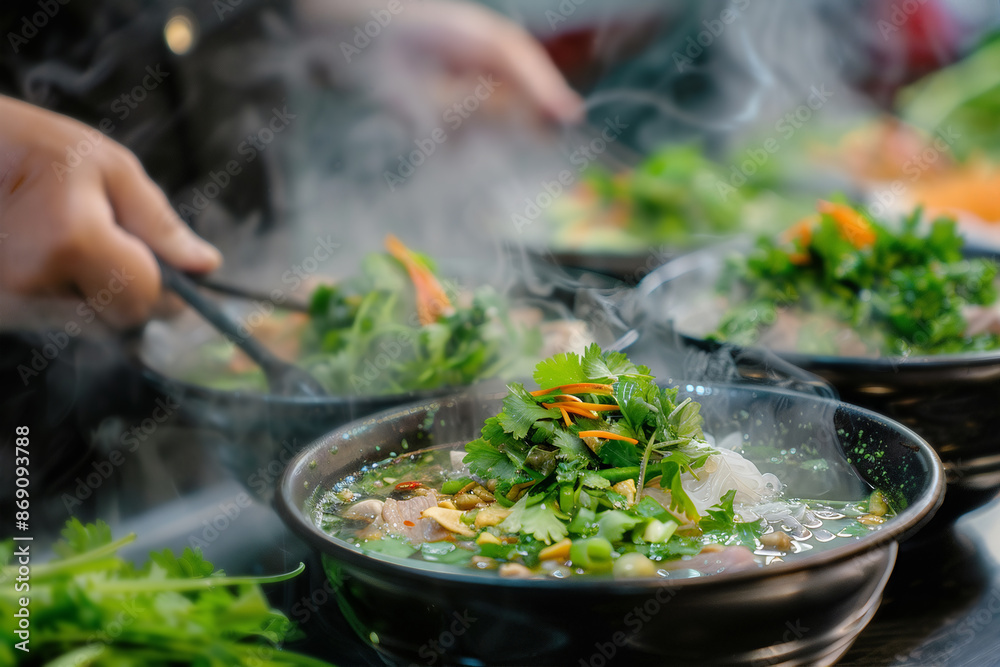 Close-up of a steaming hot noodle soup garnished with fresh vegetables and herbs, being served in a bowl by a chef. Close-up of a steaming hot noodle soup garnished with fresh vegetables and herbs, being served in a bowl by a chef.