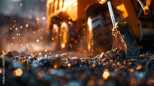 Close-up of a construction vehicle at work on a gravel site, with sparks and debris flying, capturing industrial action and energy.