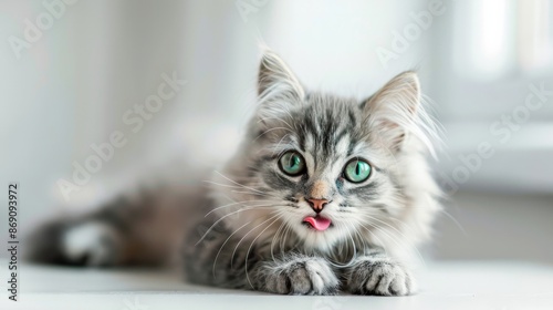Funny large longhair gray kitten with beautiful big green eyes lying on white table. Lovely fluffy cat licking lips. Free space for text. © Farda Karimov