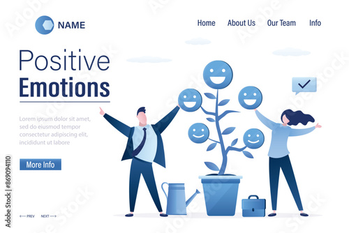 Positive emotions, landing page. Always good mood. Happy people growing tree with happy smiling emoji. Wellbeing, happiness or positive attitude, relaxation to reduce anxiety