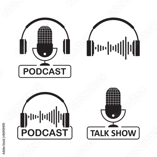 Set of podcast icons and talk show logo. Big microphone with earphones and inscriptions. Monochromatic musical or podcast labels on white background. Design elements template