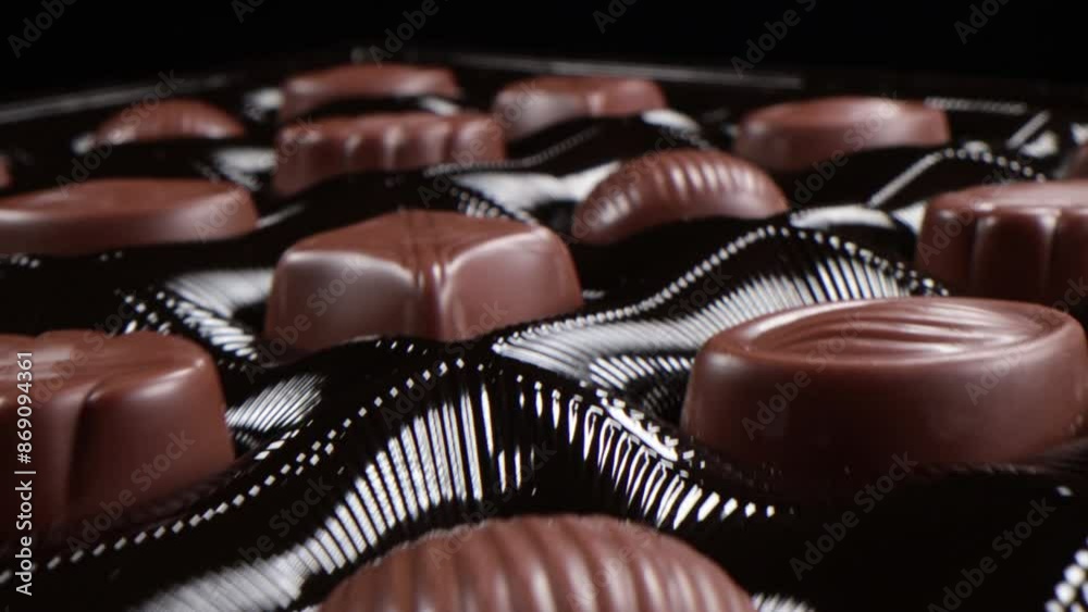 Box of chocolate bonbons. Close up on mixed chocolates.