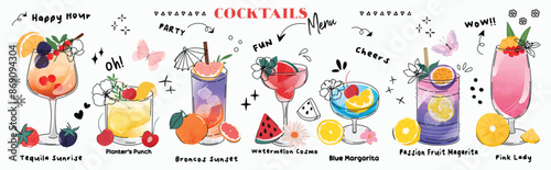 Set of cocktail drinks special promotions design. Alcohol beverage, fresh yummy drinks, sparkling water, summer juice in different glasses. Classic cocktail vector for advertisement, menu, poster.