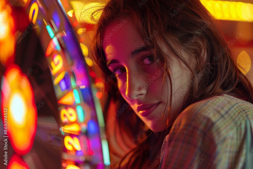 Obraz premium A young woman with a look of anticipation standing next to a ferris wheel at an amusement park, A woman with a look of anticipation spinning the wheel at a game of fortune