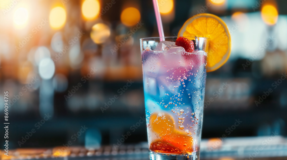 Refreshing colorful cocktail with ice and fruits served in a tall glass with a straw and lemon slice garnish in a bar setting. Refreshing colorful cocktail with ice and fruits served in a tall glass with a straw and lemon slice garnish in a bar setting.