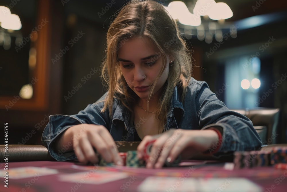 Fototapeta premium A woman with a mysterious expression engaging in a game of poker, A woman with a mysterious expression playing with a deck of cards at a poker table
