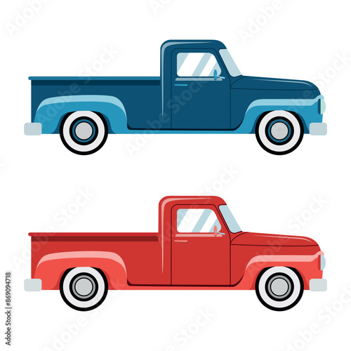 Set of vintage pickup trucks in blue and red colors. Vector flat illustration style. Isolated on white background