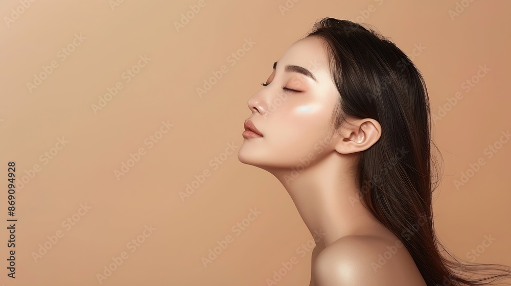 Young Asian beauty woman model long hair with korean makeup style on face and perfect skin on isolated beige background Facial treatment Cosmetology Spa Aesthetic plastic surgery : Generative AI Young Asian beauty woman model long hair with korean makeup style on face and perfect skin on isolated beige background Facial treatment Cosmetology Spa Aesthetic plastic surgery : Generative AI