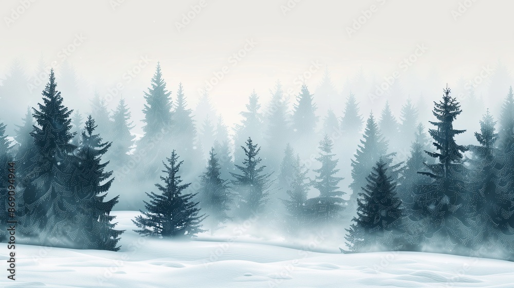 Naklejka premium Winter snow nature. Christmas landscape cold seasonal background. Frost in forest tree. Holiday sky with white blue snowy. Xmas mountain fir beauty. Snowfall scene spruce travel.