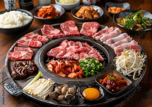 A variety of meats and side dishes are arranged on a large grill.