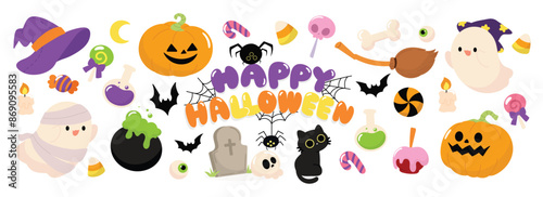 Happy Halloween day element background vector. Cute collection of spooky ghost, pumpkin, bat, candy, skull, spider, cat, cobweb. Adorable halloween festival elements for decoration, prints, sticker.