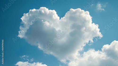 Group of white fluffy clouds on fresh blue sky with one softy cloud shaping like a heart Background with copy space for lovely content or meteorology presentation or natural and enviro : Generative AI photo