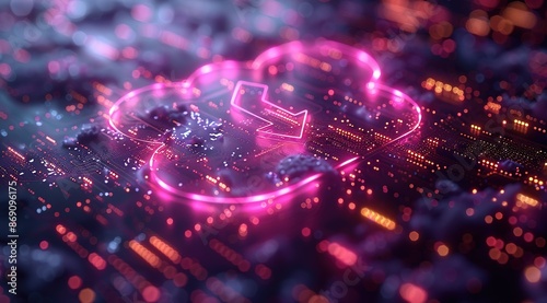 A neon cloud with a downward arrow, symbolizing cloud computing and data upload.
