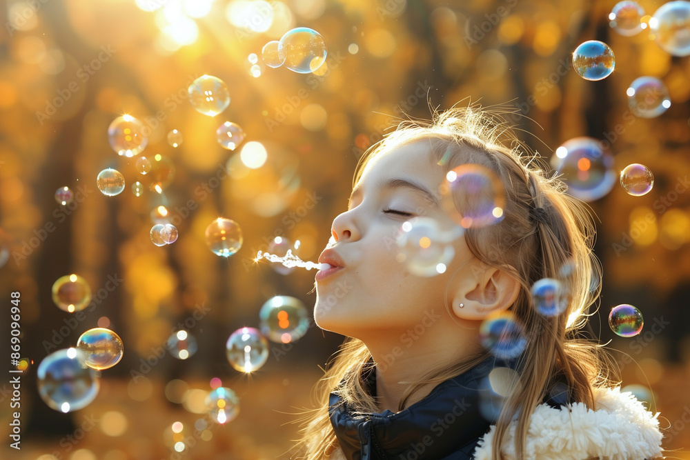 Fotografie girl blowing bubbles in park
