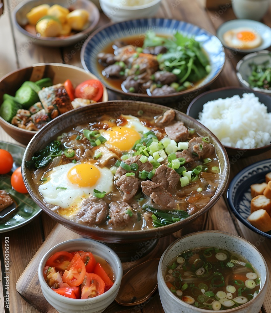 A delicious bowl of beef noodle soup with various side dishes A delicious bowl of beef noodle soup with various side dishes