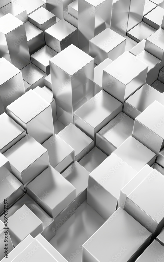 Obraz premium White and silver 3D cubes, isometric view, high gloss, modern and futuristic look, perfect for dynamic backgrounds, Modern, Bright white and silver, 3D rendering