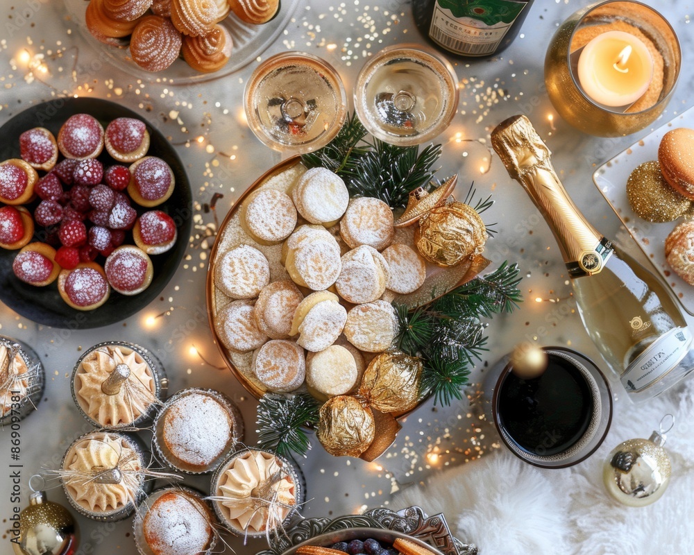 An elegant New Year's dessert tray with champagne-themed treats An elegant New Year's dessert tray with champagne-themed treats