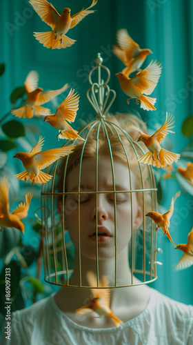Wallpaper Mural portrait of a girl in the birdcage aroundmany birds flying Torontodigital.ca