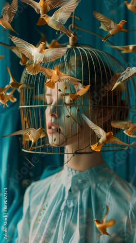 portrait of a girl in the birdcage aroundmany birds flying