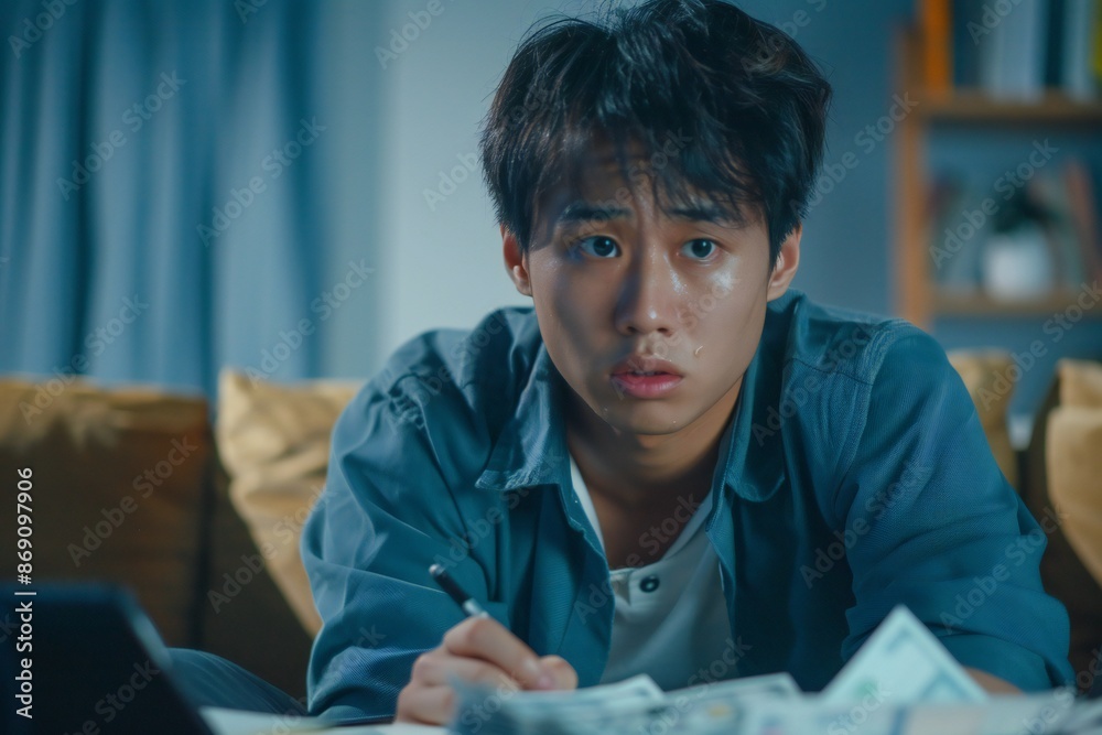 Business financial concept, owe asian young man, male sitting on sofa expression face stressed by calculate expense on table from invoice or bill have no money to pay mortgage or loan, debt bankruptcy