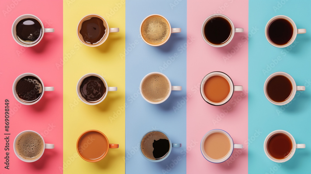 Fototapeta premium Top view of different types of coffee, espresso, cappuccino, latte on pastel background