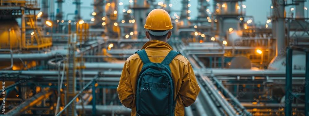 A man in a hard hat and yellow jacket is positioned before a factory teeming with numerous pipes A man in a hard hat and yellow jacket is positioned before a factory teeming with numerous pipes