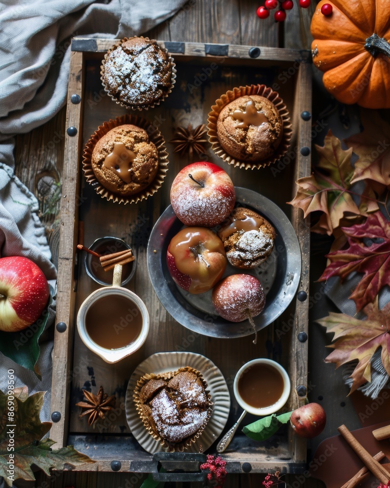 A cozy autumn dessert tray featuring caramel apples and spiced muffins A cozy autumn dessert tray featuring caramel apples and spiced muffins