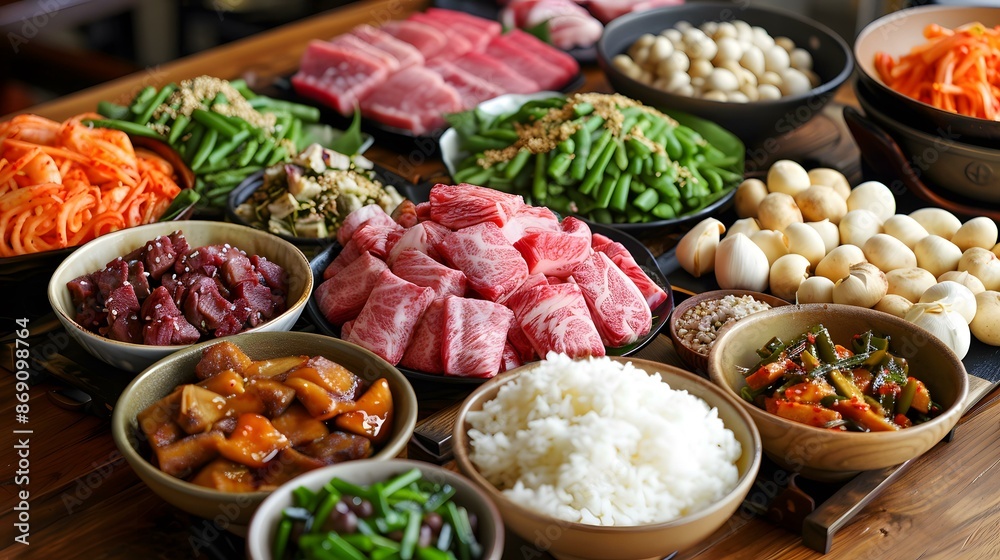 Assortment of Fresh Ingredients for a Delicious Korean BBQ Feast Assortment of Fresh Ingredients for a Delicious Korean BBQ Feast