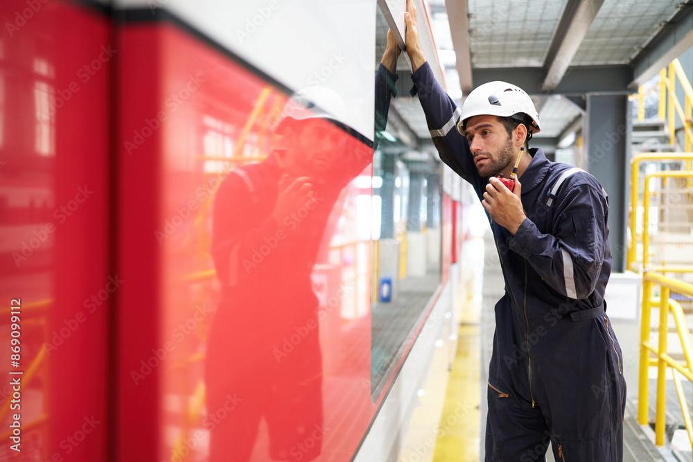 Technician or worker talking about work on walkie talkie and checking at construction train station Technician or worker talking about work on walkie talkie and checking at construction train station