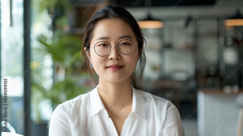 Portrait of an Asian business woman wearing glasses and a white shirt, looking at the camera with a confident smile in a modern office interior. Korean female entrepreneur working for a company or on Portrait of an Asian business woman wearing glasses and a white shirt, looking at the camera with a confident smile in a modern office interior. Korean female entrepreneur working for a company or on