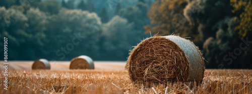  A hay field with bales in the foreground, a forest in the background