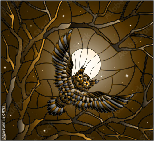 The illustration in stained glass style painting with the owl in the night starry sky and moon in between the branches of the tree, tone brown