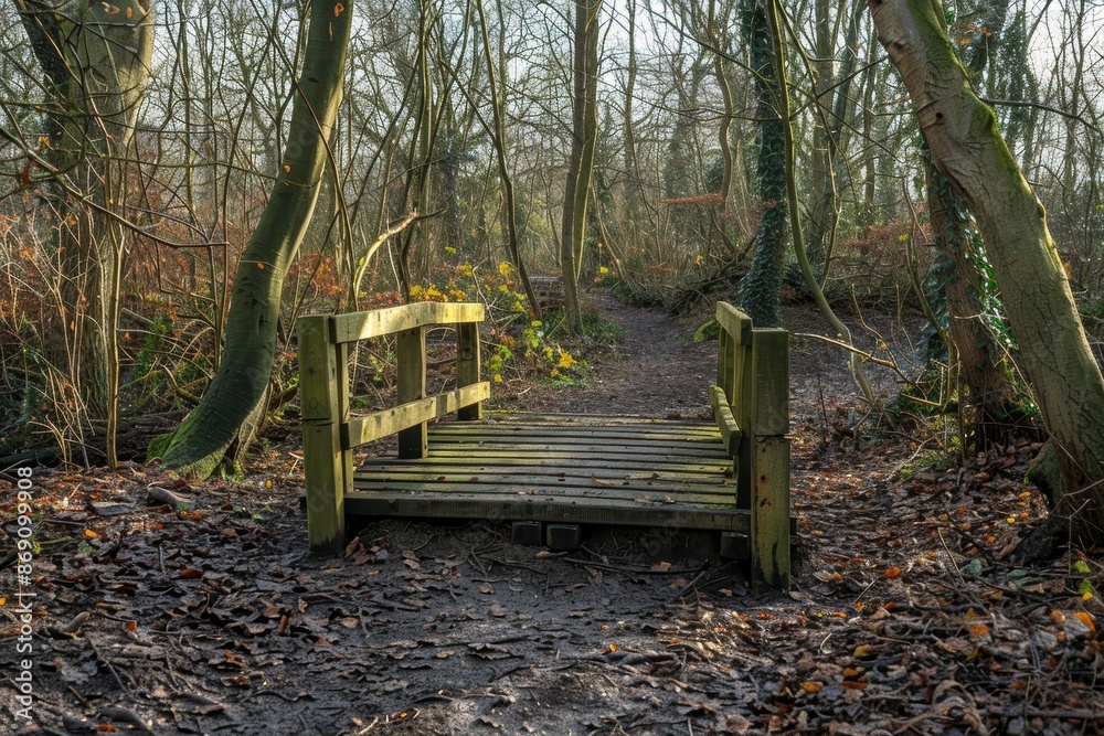 A wooden bridge connecting two sides of a forest over a stream, surrounded by trees and greenery, A woodland trail with rustic wooden bridges and hidden clearings