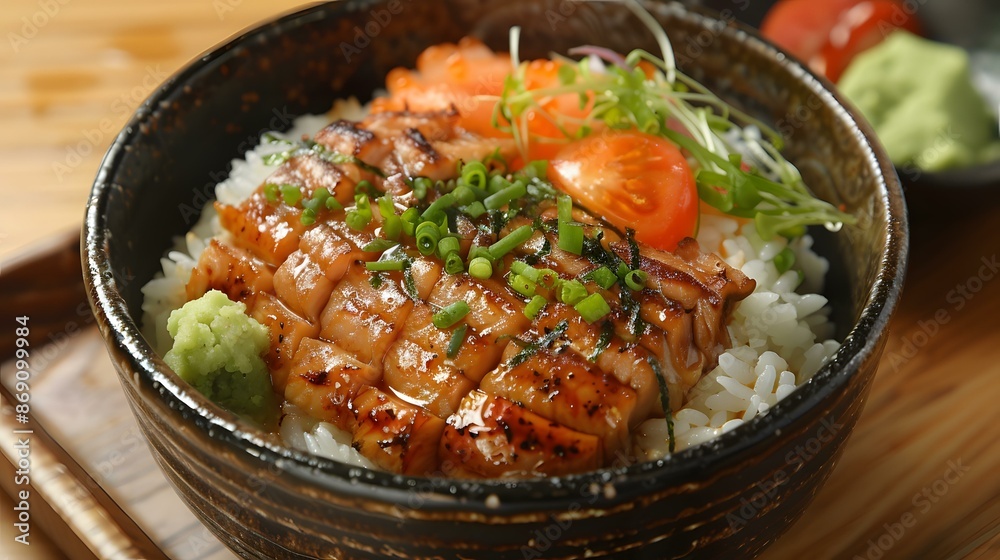 Unagi donburi with green onion and tomatoes Unagi donburi with green onion and tomatoes