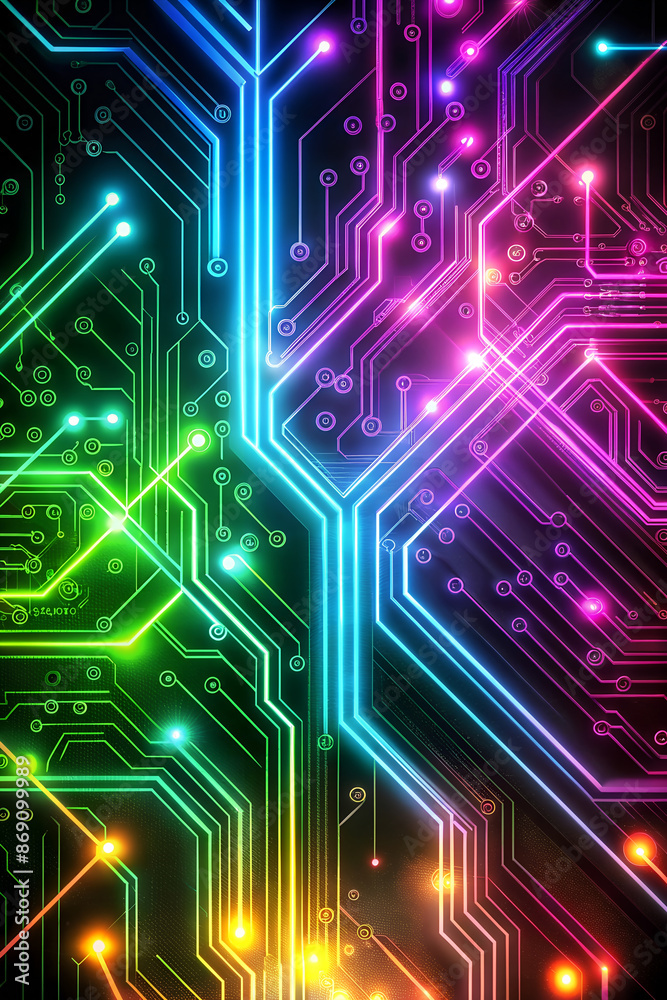 Futuristic neon line network background. High-tech circuit board in bright colors.