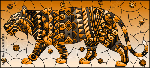 Stained glass illustration with abstract tiger, animal on abstract background, rectangular image, tone brown