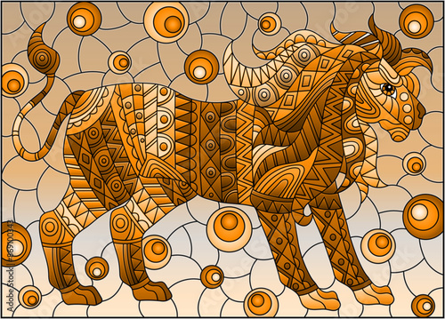 Stained glass illustration with abstract lion, animal on an background, rectangular image,tone brown
