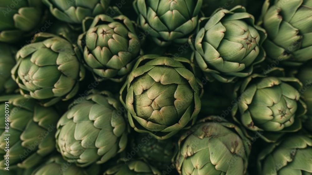 Fototapeta premium A close up view of fresh green artichokes in a market.