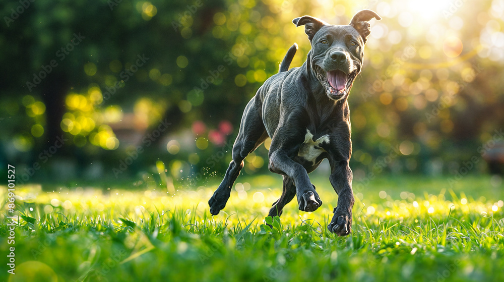 Happy Black Great Dane Dog Running in a Sunlit Park with Green Grass and Bokeh Background Happy Black Great Dane Dog Running in a Sunlit Park with Green Grass and Bokeh Background